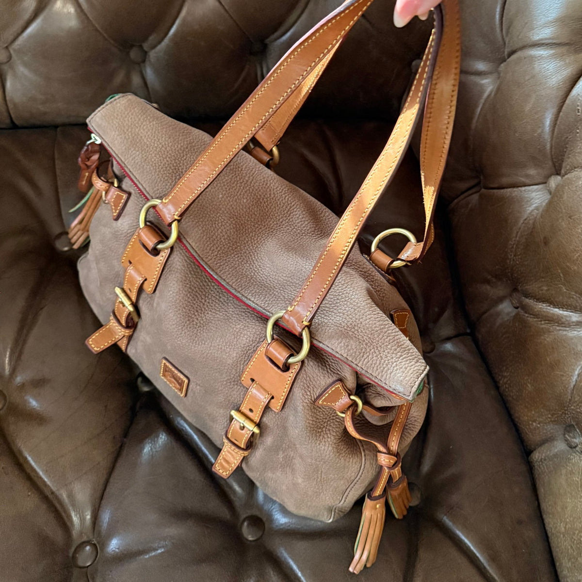 Dooney & Bourke Florentine Nubuck Double Strap Tassel Satchel Taupe
