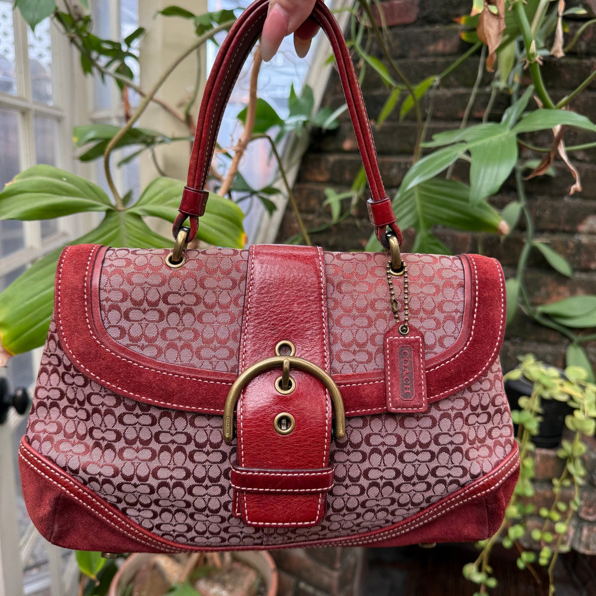 Vintage Coach Soho Signature Suede Satchel Red Pink Y2K 7078